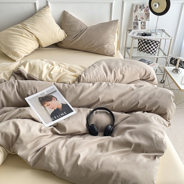 91家纺网 家纺一手货源 找家纺 贝拉梦2023新款105g超级柔软磨毛亲肤棉双拼简约风四件套焦糖玛奇朵