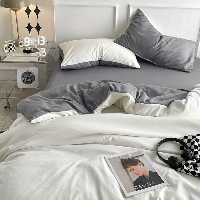 91家纺网 家纺一手货源 找家纺 贝拉梦2023新款105g超级柔软磨毛亲肤棉双拼简约风四件套奶油椰子灰