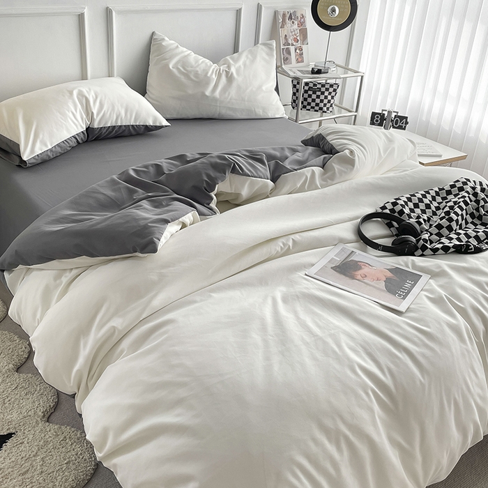 91家纺网 家纺一手货源 找家纺 贝拉梦2023新款105g超级柔软磨毛亲肤棉双拼简约风四件套奶油椰子灰