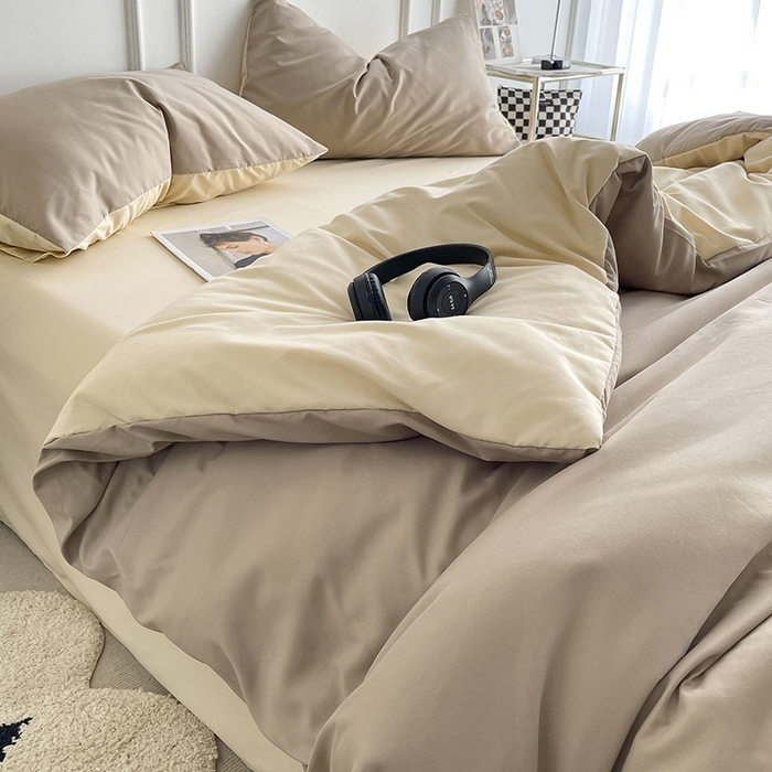 91家纺网 家纺一手货源 找家纺 贝拉梦2023新款105g超级柔软磨毛亲肤棉双拼简约风四件套焦糖玛奇朵