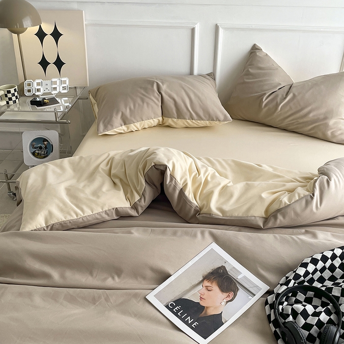 91家纺网 家纺一手货源 找家纺 贝拉梦2023新款105g超级柔软磨毛亲肤棉双拼简约风四件套焦糖玛奇朵