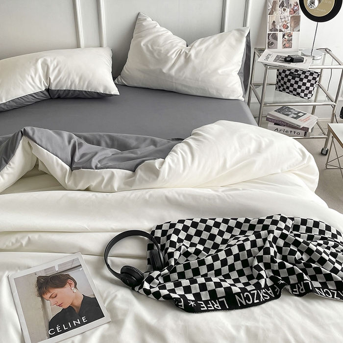 91家纺网 家纺一手货源 找家纺 贝拉梦2023新款105g超级柔软磨毛亲肤棉双拼简约风四件套奶油椰子灰