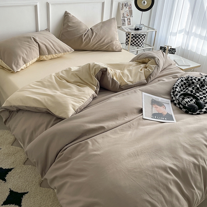 91家纺网 家纺一手货源 找家纺 贝拉梦2023新款105g超级柔软磨毛亲肤棉双拼简约风四件套焦糖玛奇朵