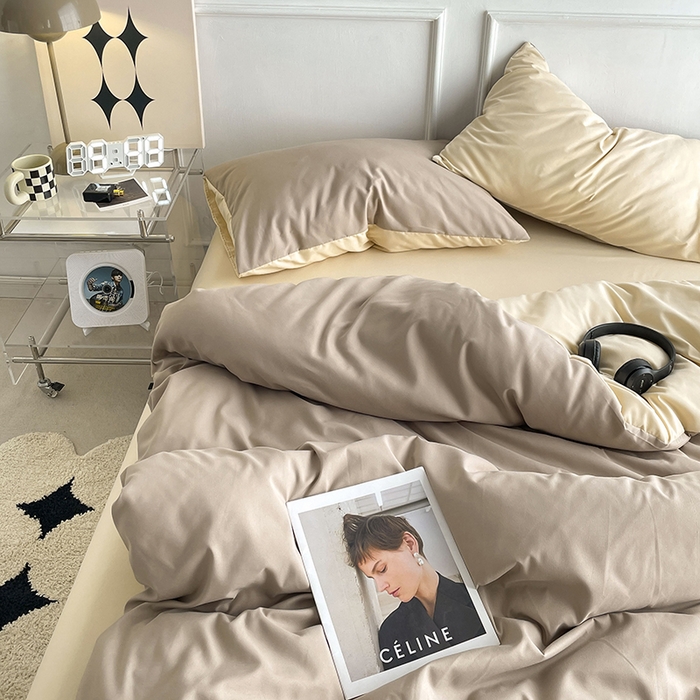 91家纺网 家纺一手货源 找家纺 贝拉梦2023新款105g超级柔软磨毛亲肤棉双拼简约风四件套焦糖玛奇朵