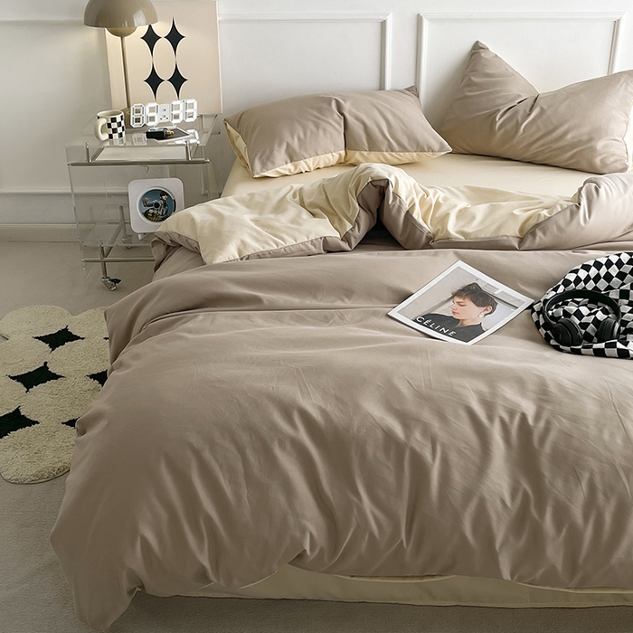 91家纺网 家纺一手货源 找家纺 贝拉梦2023新款105g超级柔软磨毛亲肤棉双拼简约风四件套焦糖玛奇朵