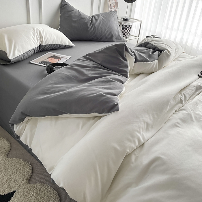 91家纺网 家纺一手货源 找家纺 贝拉梦2023新款105g超级柔软磨毛亲肤棉双拼简约风四件套奶油椰子灰