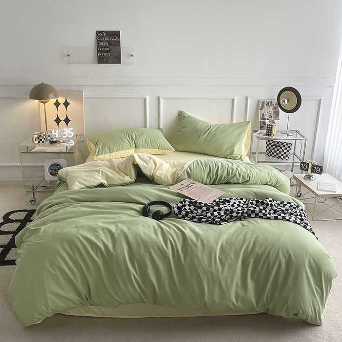 91家纺网 家纺一手货源 找家纺 贝拉梦2023新款105g超级柔软磨毛亲肤棉双拼简约风四件套牛油果奶昔