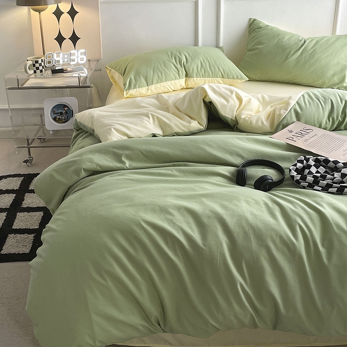 91家纺网 家纺一手货源 找家纺 贝拉梦2023新款105g超级柔软磨毛亲肤棉双拼简约风四件套牛油果奶昔