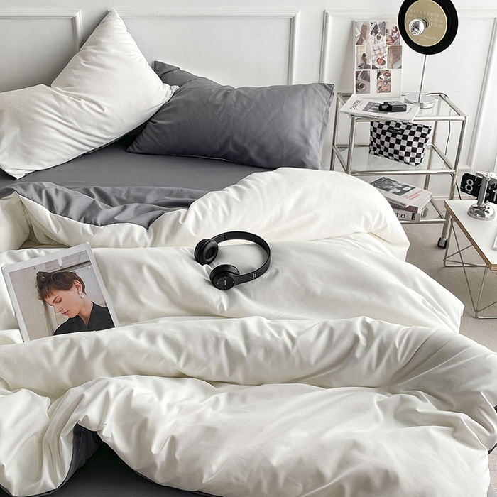 91家纺网 家纺一手货源 找家纺 贝拉梦2023新款105g超级柔软磨毛亲肤棉双拼简约风四件套奶油椰子灰