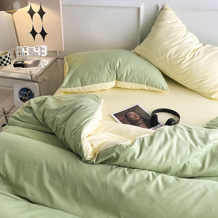 91家纺网 家纺一手货源 找家纺 贝拉梦2023新款105g超级柔软磨毛亲肤棉双拼简约风四件套牛油果奶昔