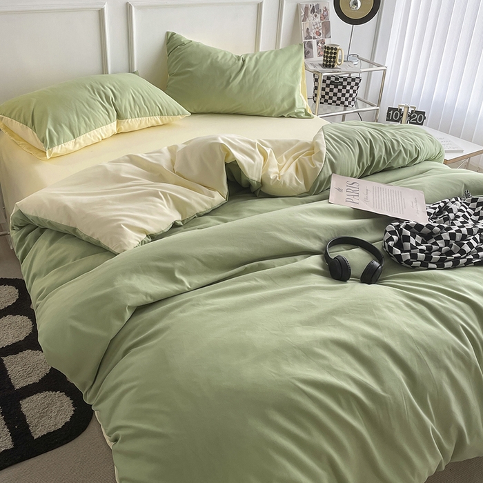 91家纺网 家纺一手货源 找家纺 贝拉梦2023新款105g超级柔软磨毛亲肤棉双拼简约风四件套牛油果奶昔