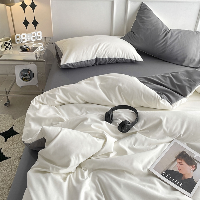 91家纺网 家纺一手货源 找家纺 贝拉梦2023新款105g超级柔软磨毛亲肤棉双拼简约风四件套奶油椰子灰