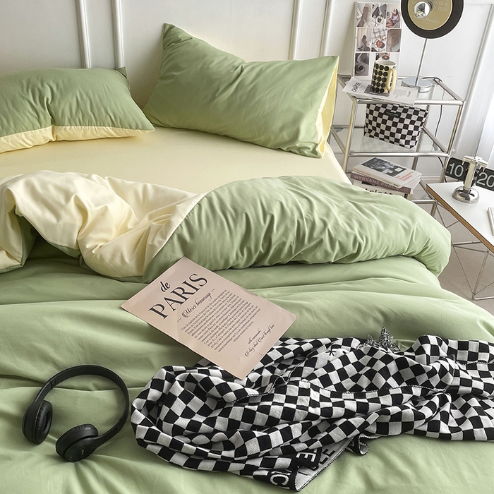 91家纺网 家纺一手货源 找家纺 贝拉梦2023新款105g超级柔软磨毛亲肤棉双拼简约风四件套牛油果奶昔