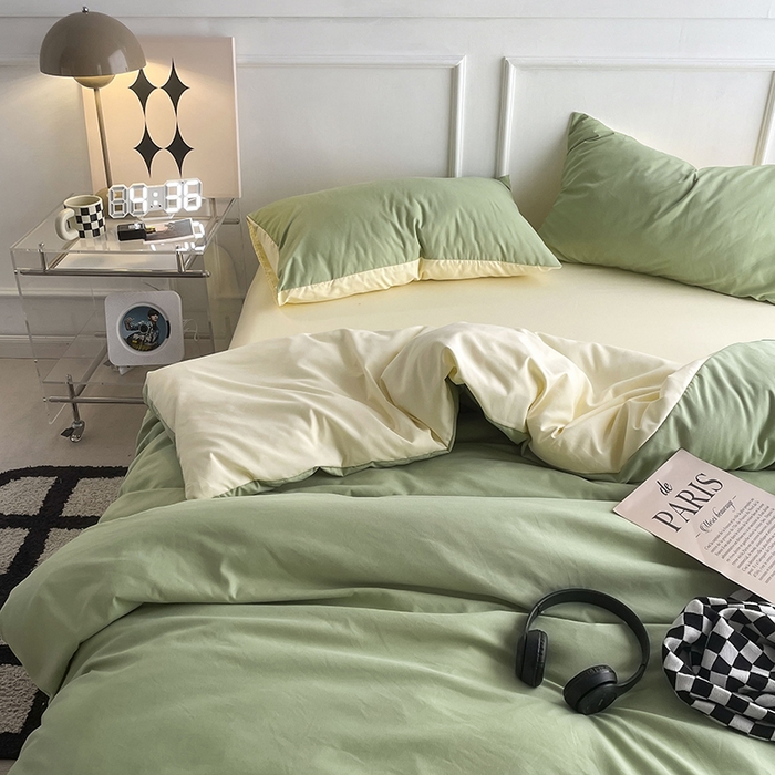 91家纺网 家纺一手货源 找家纺 贝拉梦2023新款105g超级柔软磨毛亲肤棉双拼简约风四件套牛油果奶昔