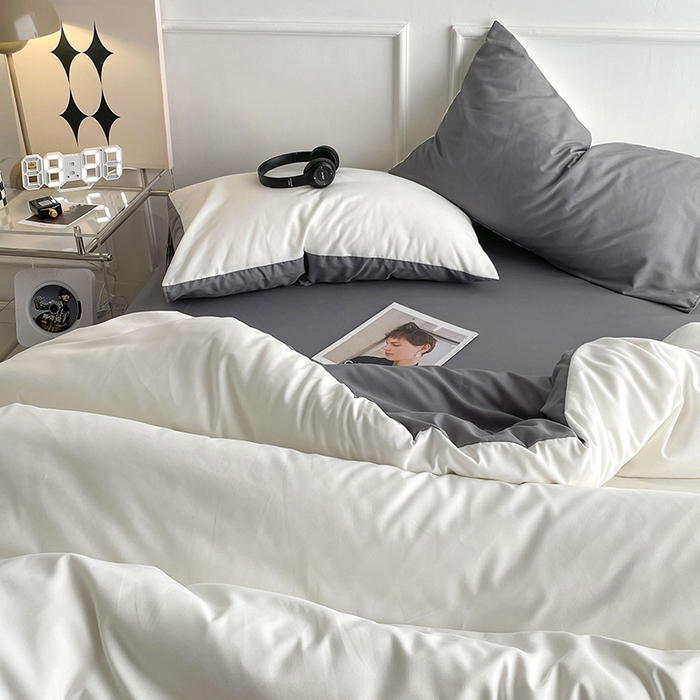 91家纺网 家纺一手货源 找家纺 贝拉梦2023新款105g超级柔软磨毛亲肤棉双拼简约风四件套奶油椰子灰