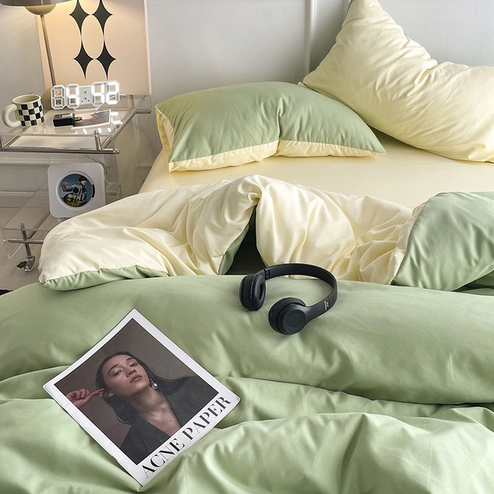 91家纺网 家纺一手货源 找家纺 贝拉梦2023新款105g超级柔软磨毛亲肤棉双拼简约风四件套牛油果奶昔