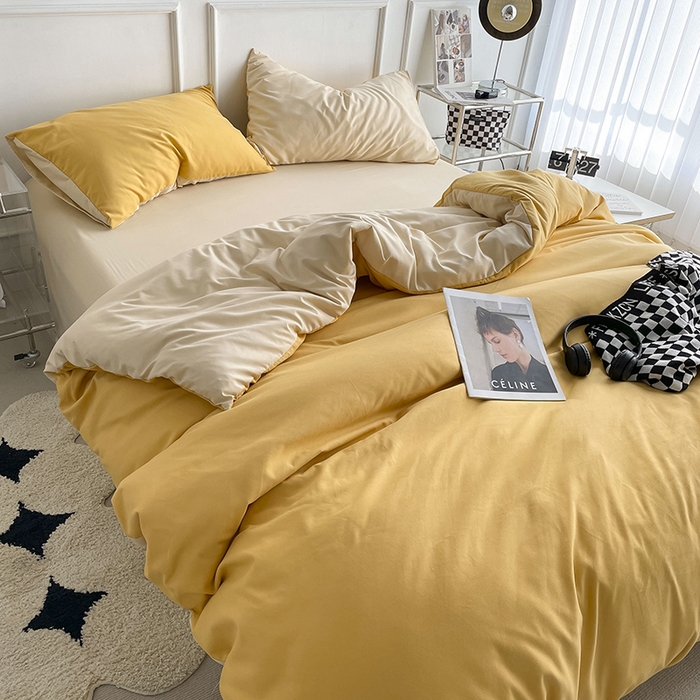 91家纺网 家纺一手货源 找家纺 贝拉梦2023新款105g超级柔软磨毛亲肤棉双拼简约风四件套 香橙拿铁