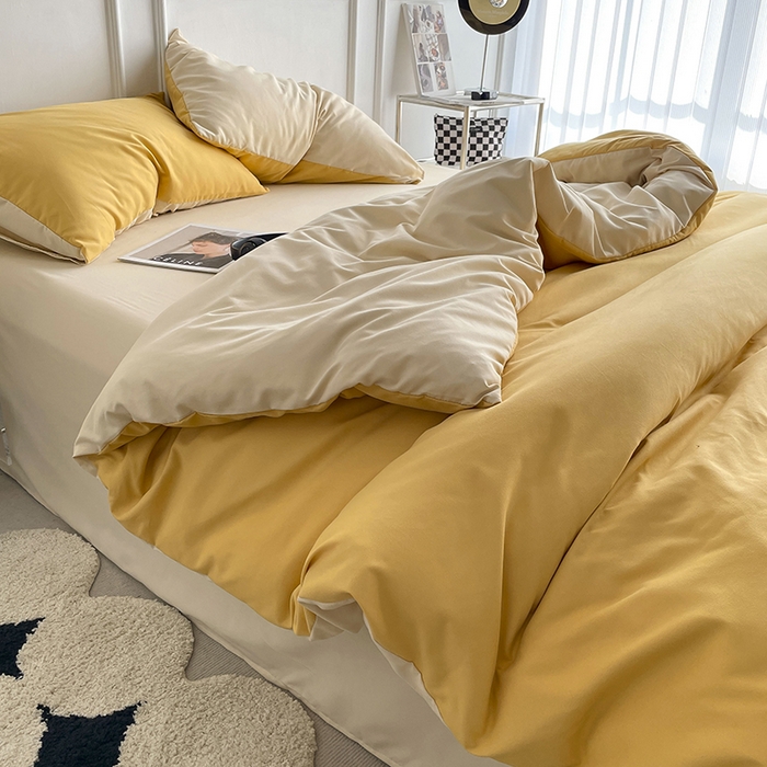 91家纺网 家纺一手货源 找家纺 贝拉梦2023新款105g超级柔软磨毛亲肤棉双拼简约风四件套 香橙拿铁