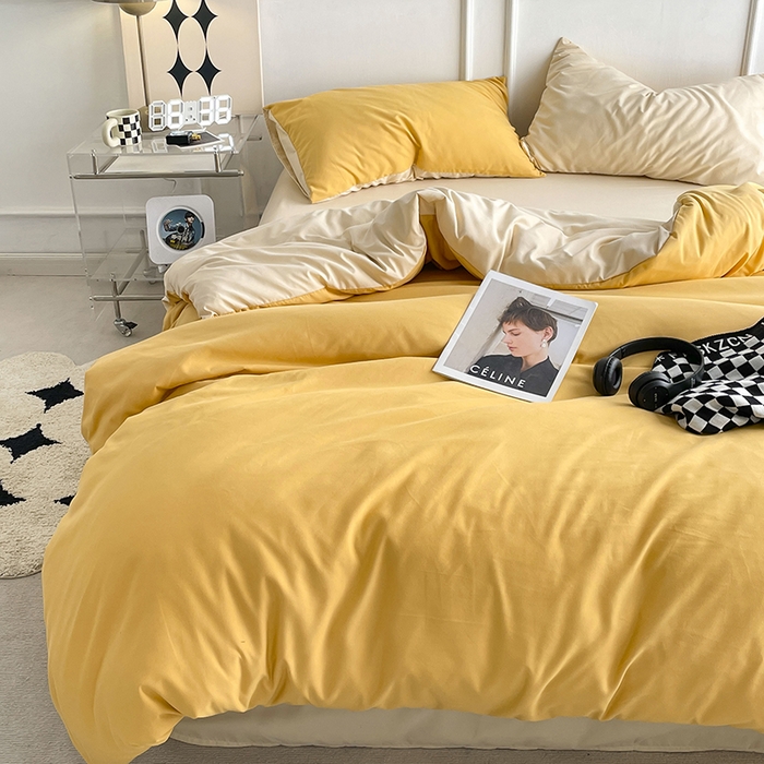 91家纺网 家纺一手货源 找家纺 贝拉梦2023新款105g超级柔软磨毛亲肤棉双拼简约风四件套 香橙拿铁