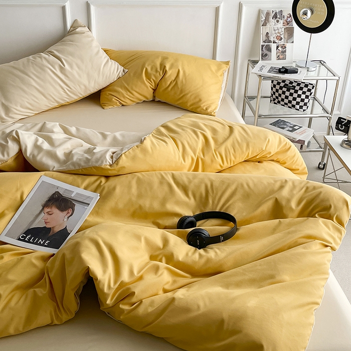 91家纺网 家纺一手货源 找家纺 贝拉梦2023新款105g超级柔软磨毛亲肤棉双拼简约风四件套 香橙拿铁