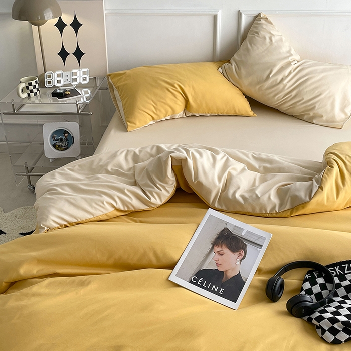 91家纺网 家纺一手货源 找家纺 贝拉梦2023新款105g超级柔软磨毛亲肤棉双拼简约风四件套 香橙拿铁