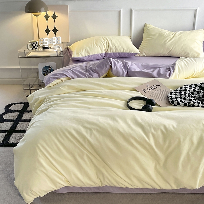 91家纺网 家纺一手货源 找家纺 贝拉梦2023新款105g超级柔软磨毛亲肤棉双拼简约风四件套糯叽叽麻薯