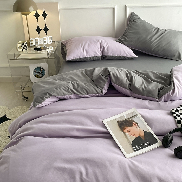 91家纺网 家纺一手货源 找家纺 贝拉梦2023新款105g超级柔软磨毛亲肤棉双拼简约风四件套 芋泥啵啵