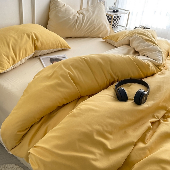 91家纺网 家纺一手货源 找家纺 贝拉梦2023新款105g超级柔软磨毛亲肤棉双拼简约风四件套 香橙拿铁