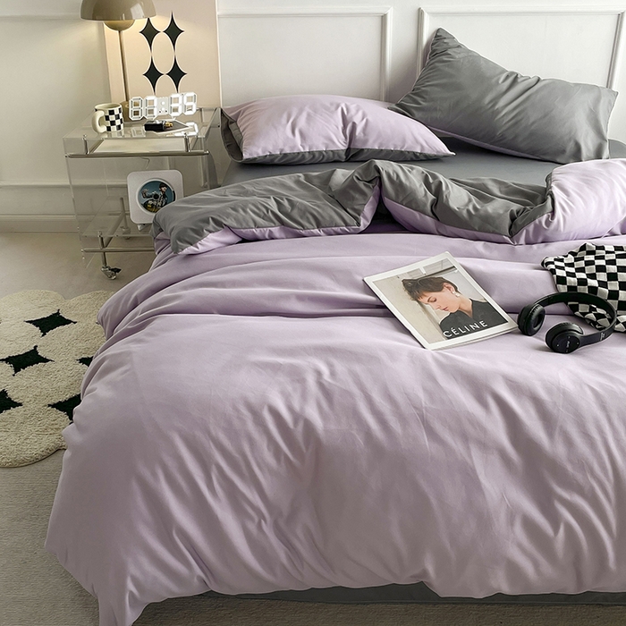 91家纺网 家纺一手货源 找家纺 贝拉梦2023新款105g超级柔软磨毛亲肤棉双拼简约风四件套 芋泥啵啵