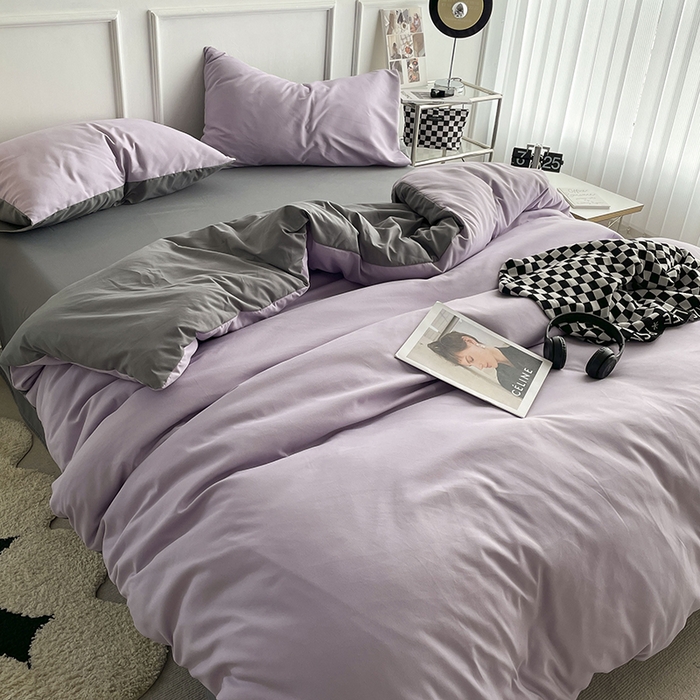 91家纺网 家纺一手货源 找家纺 贝拉梦2023新款105g超级柔软磨毛亲肤棉双拼简约风四件套 芋泥啵啵