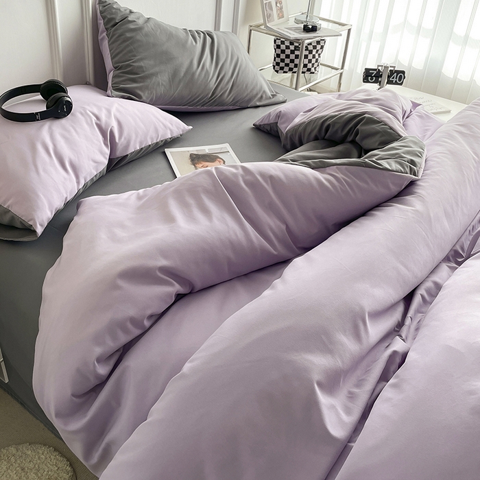 91家纺网 家纺一手货源 找家纺 贝拉梦2023新款105g超级柔软磨毛亲肤棉双拼简约风四件套 芋泥啵啵