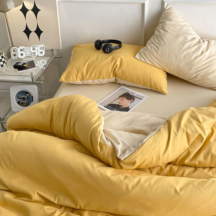 91家纺网 家纺一手货源 找家纺 贝拉梦2023新款105g超级柔软磨毛亲肤棉双拼简约风四件套 香橙拿铁