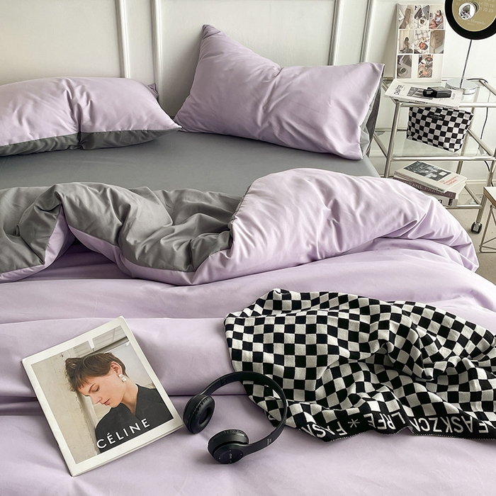 91家纺网 家纺一手货源 找家纺 贝拉梦2023新款105g超级柔软磨毛亲肤棉双拼简约风四件套 芋泥啵啵