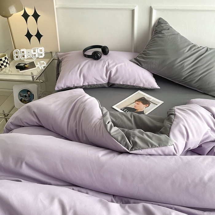 91家纺网 家纺一手货源 找家纺 贝拉梦2023新款105g超级柔软磨毛亲肤棉双拼简约风四件套 芋泥啵啵