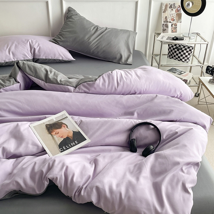 91家纺网 家纺一手货源 找家纺 贝拉梦2023新款105g超级柔软磨毛亲肤棉双拼简约风四件套 芋泥啵啵