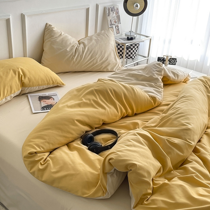 91家纺网 家纺一手货源 找家纺 贝拉梦2023新款105g超级柔软磨毛亲肤棉双拼简约风四件套 香橙拿铁