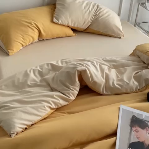 91家纺网 家纺一手货源 找家纺 贝拉梦2023新款105g超级柔软磨毛亲肤棉双拼简约风四件套 香橙拿铁