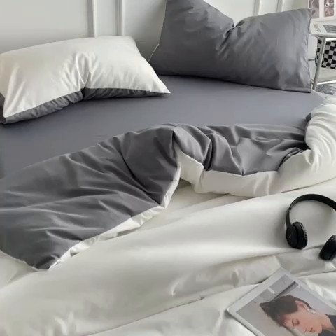 91家纺网 家纺一手货源 找家纺 贝拉梦2023新款105g超级柔软磨毛亲肤棉双拼简约风四件套奶油椰子灰