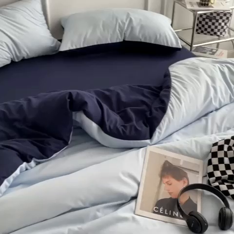 91家纺网 家纺一手货源 找家纺 贝拉梦 2023新款105g柔软磨毛亲肤棉双拼四件套简约风 海盐蓝莓冻