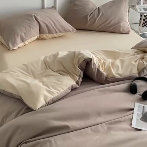 91家纺网 家纺一手货源 找家纺 贝拉梦2023新款105g超级柔软磨毛亲肤棉双拼简约风四件套焦糖玛奇朵