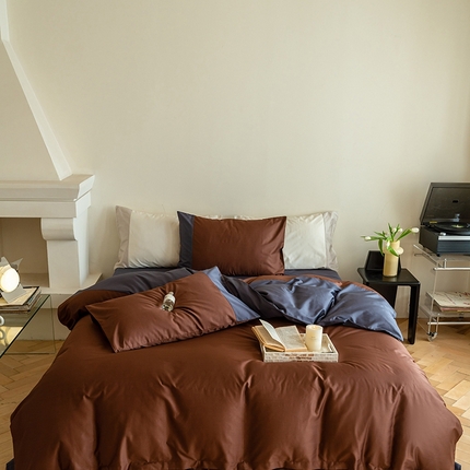 华超针织 2023新款100支贡缎拼色四件套 静谧灰拼巧克力