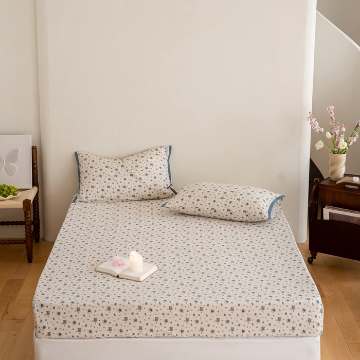 91家纺网 家纺一手货源 找家纺 2023时光里 春夏A类双层纱 床笠 蓝馨