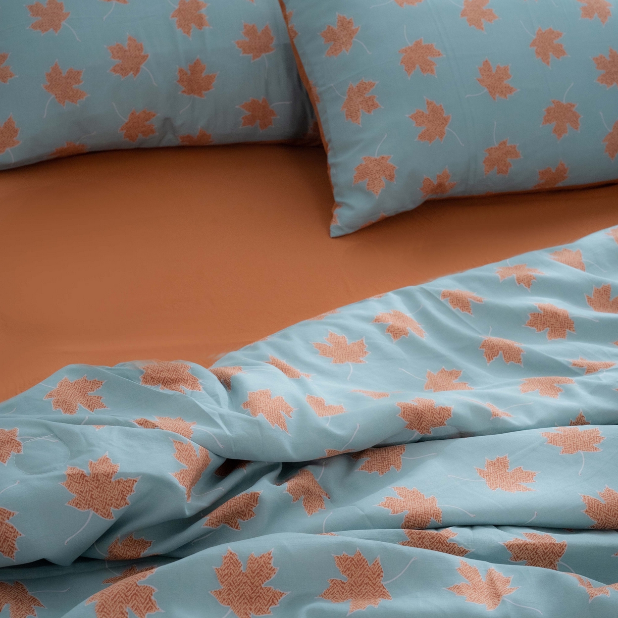 91家纺网 家纺一手货源 找家纺 畅畅家纺2023新款a类双层纱水洗棉麻四件套（可卖单品） 枫叶风格一