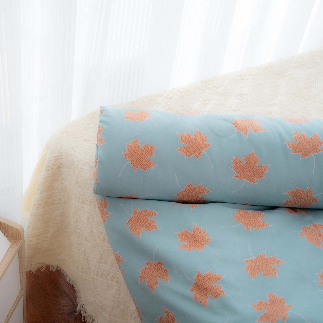 91家纺网 家纺一手货源 找家纺 畅畅家纺2023新款a类双层纱水洗棉麻四件套（可卖单品） 枫叶风格一