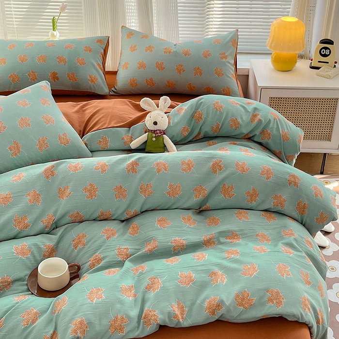 91家纺网 家纺一手货源 找家纺 畅畅家纺2023新款a类双层纱水洗棉麻四件套（可卖单品） 枫叶风格二