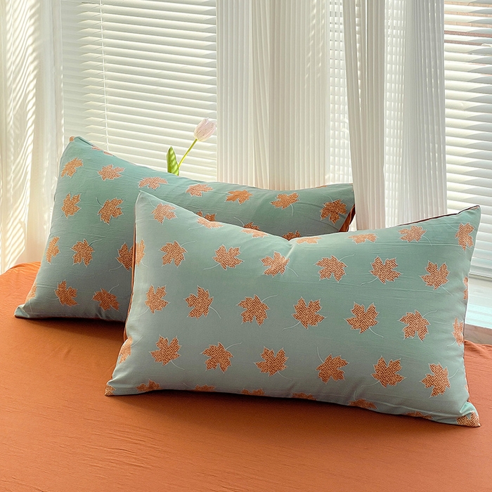 91家纺网 家纺一手货源 找家纺 畅畅家纺2023新款a类双层纱水洗棉麻四件套（可卖单品） 枫叶风格二