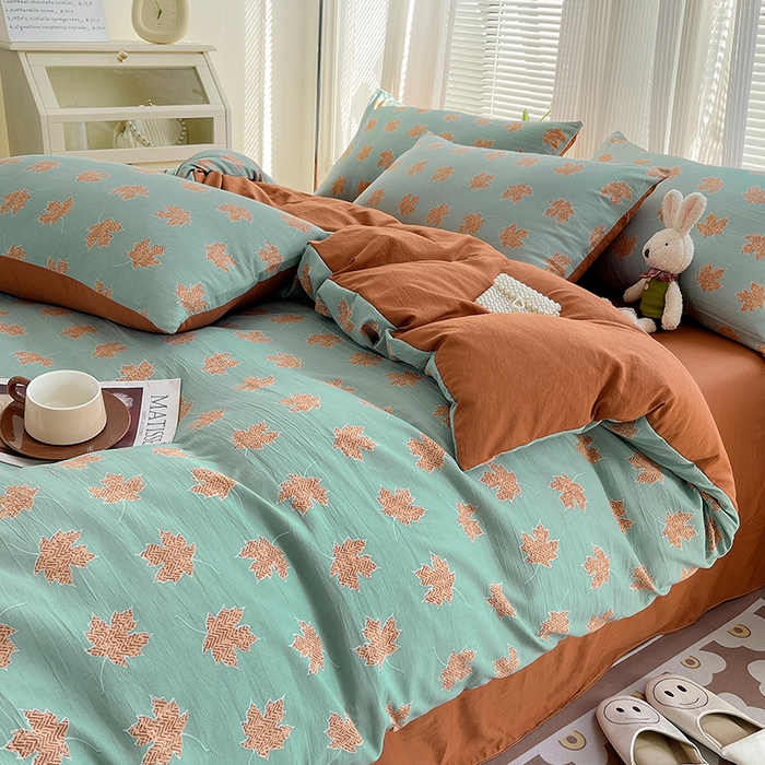 91家纺网 家纺一手货源 找家纺 畅畅家纺2023新款a类双层纱水洗棉麻四件套（可卖单品） 枫叶风格二