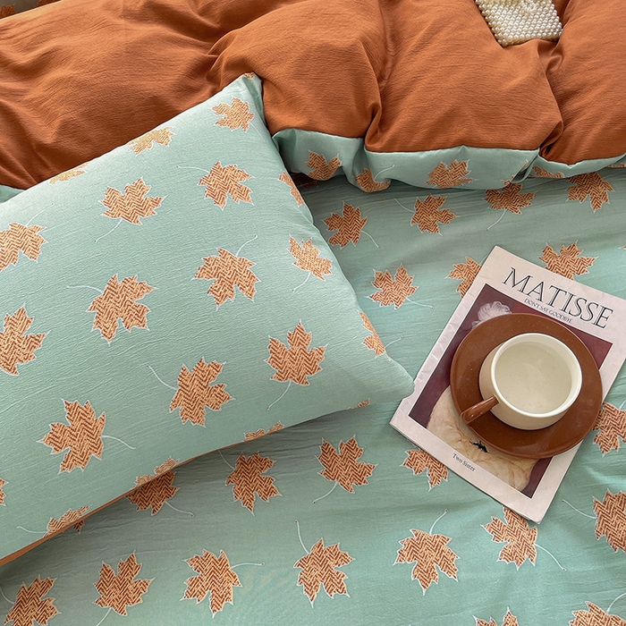 91家纺网 家纺一手货源 找家纺 畅畅家纺2023新款a类双层纱水洗棉麻四件套（可卖单品） 枫叶风格二