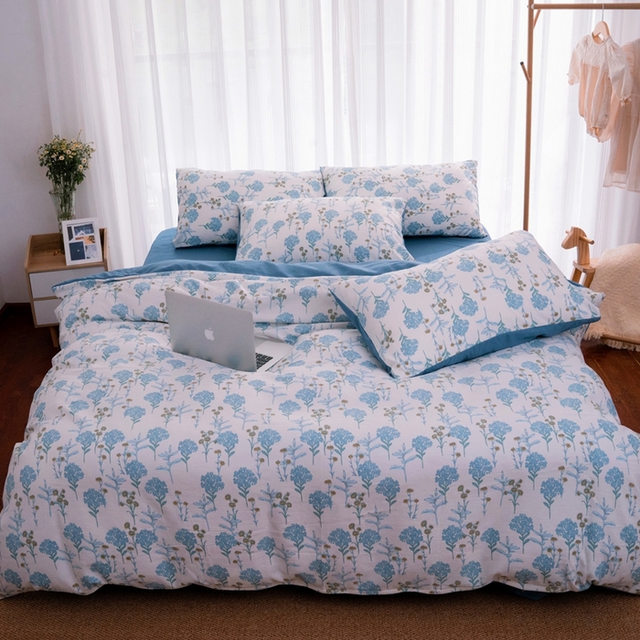 91家纺网 家纺一手货源 找家纺 畅畅家纺2023新款a类双层纱水洗棉麻四件套（可卖单品） 绿荫