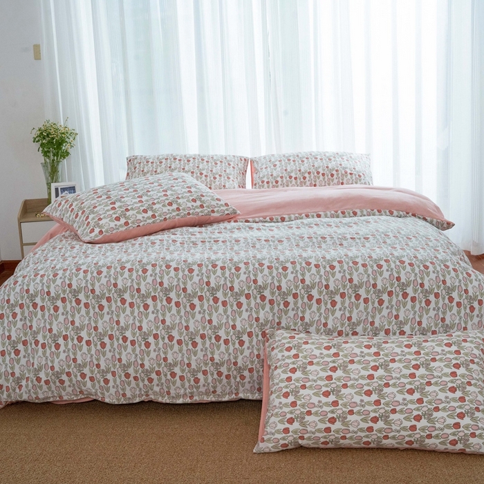 91家纺网 家纺一手货源 找家纺 畅畅家纺2023新款a类双层纱水洗棉麻四件套（可卖单品） 郁金香